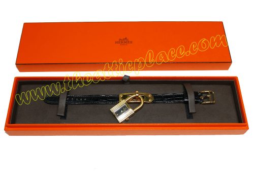 Hermes Kelly Watch Black Face Black Alligator M Strap with Gold Hardware-0