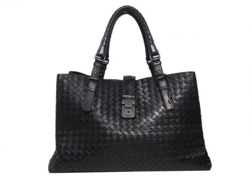 Bottega Veneta Roma Medium Model Handbag in Black Intrecciato Leather-0