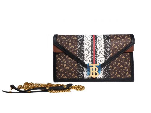 Burberry Small Monogram Strip E-Canvas TB Envelop Clutch/ Crossbody Wallet-on-chain- Bridle Brown-0